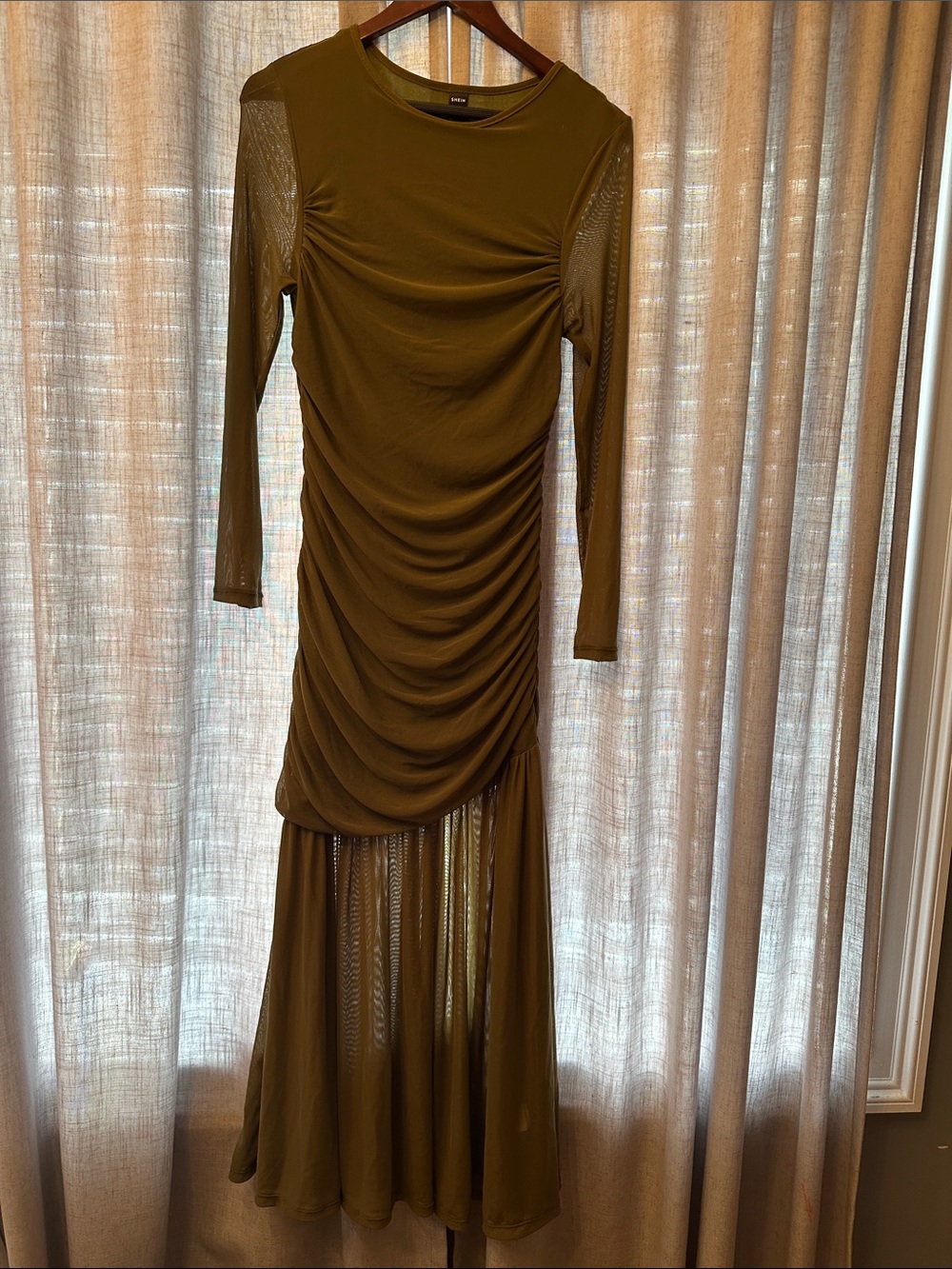 Olive Green Long Sleeve Ruched Maxi Dress